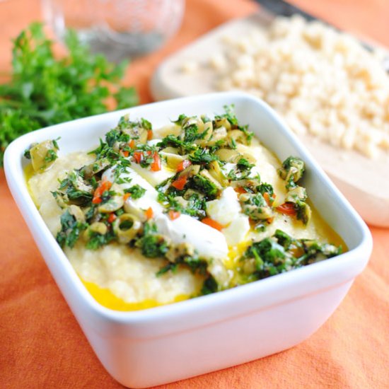 Egg over Polenta with Olive Pesto