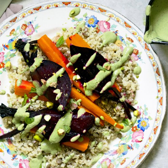 Roots with Quinoa & Pistachio Cream