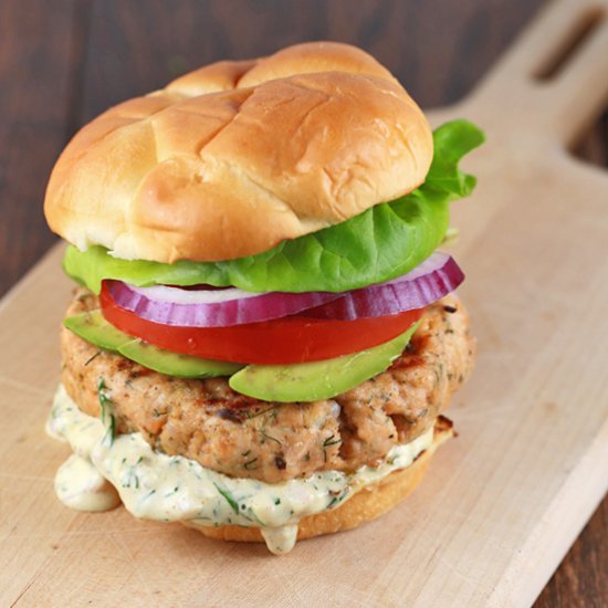 Salmon Burger with Lemon Dill Sauce