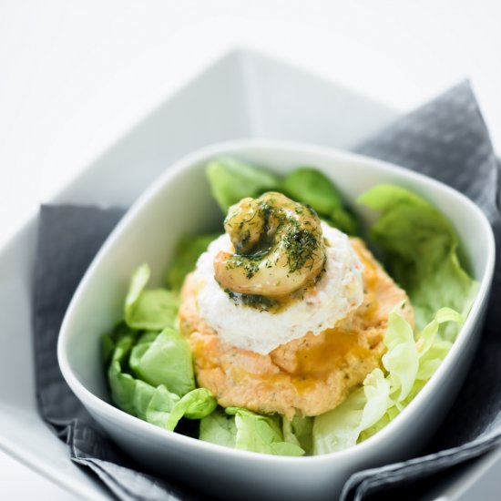 Salmon and Egg Mousse with Scampi