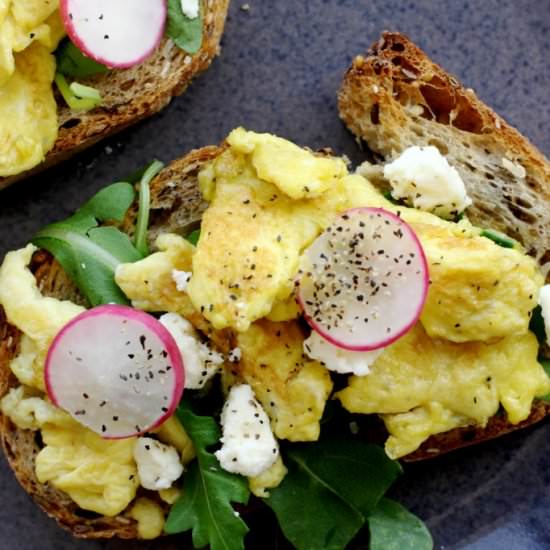 Eggs on Toast with Feta and Arugula