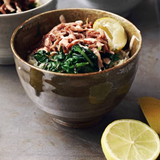 Pulled Pork and Greens Rice Bowl