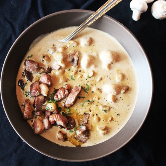 Mushroom Soup with Crispy Lamb