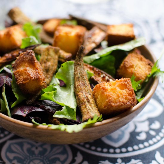 Okra + Cornbread Croutons Salad