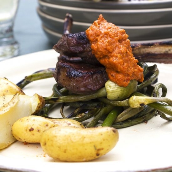 Lamb & Garlic Scapes with Romesco