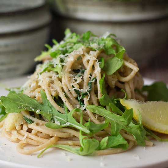 Rocket Spaghetti with Lemon Crumb