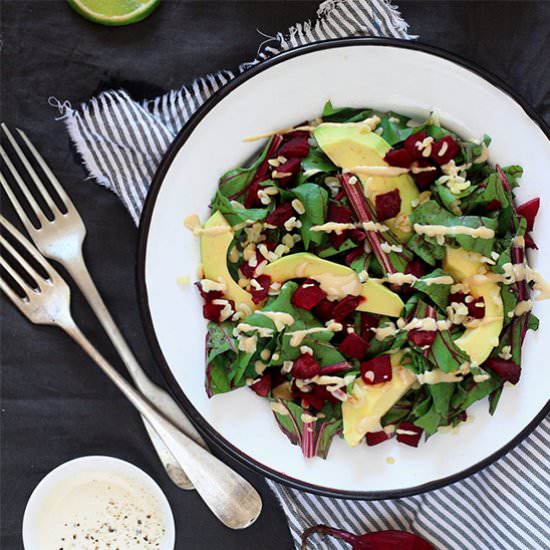 Beet greens salad with dressing