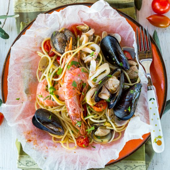 Seafood Pasta Baked in Parchment