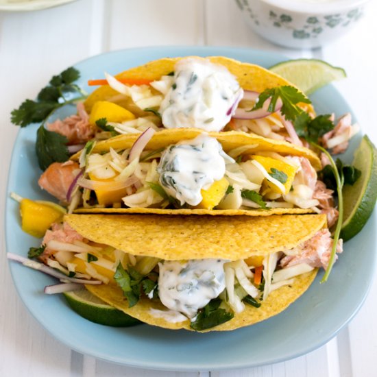 Salmon Tacos with Mango Slaw