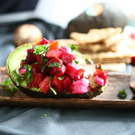 Beetroot Salsa filled Avocado