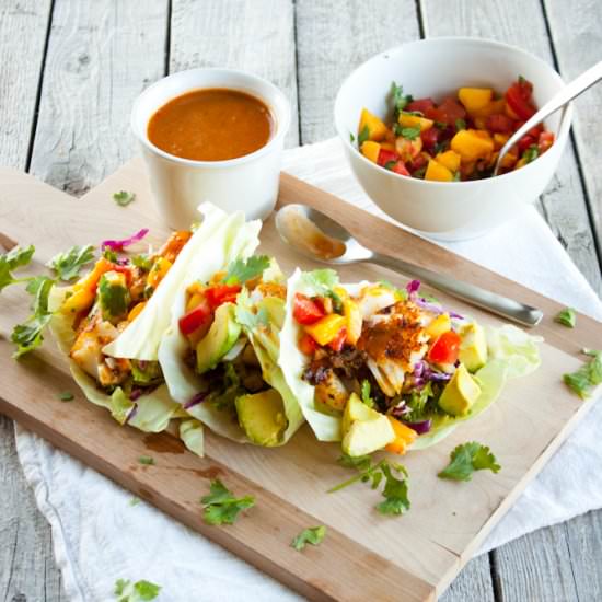 Blackened Fish Tacos & Peach Salsa