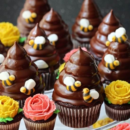 Chocolate Beehive & Flower Cupcakes