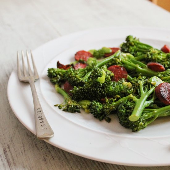 Broccoli with chorizo and beans