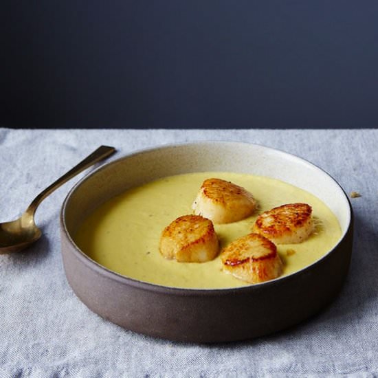 Jalapeno Corn Soup Seared Scallops