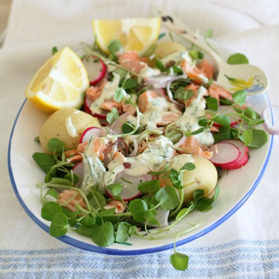 Salmon potato watercress salad