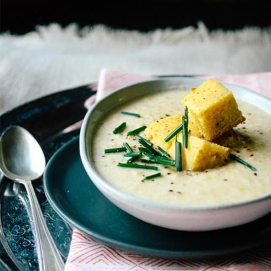 Corn Soup with Cornbread Croutons