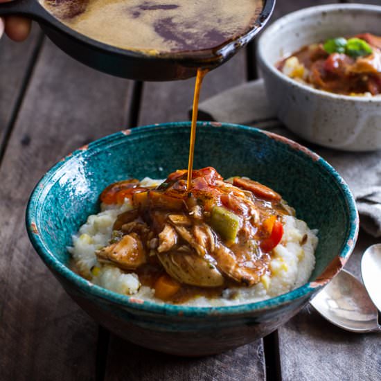 Quick Gumbo with Grilled Corn Grits