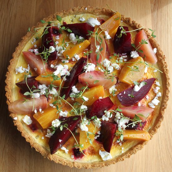 Beetroot and goat cheese quiche