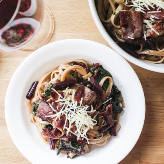 Fettuccine, Bacon and Beet Greens