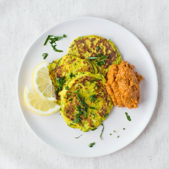 Vegan Zucchini Pancakes w/Romesco