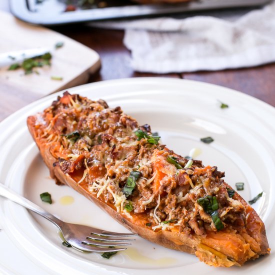 Bacon Bolognese Sweet Potatoes