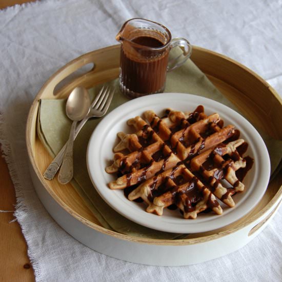 Banana Waffles with Chocolate Sauce