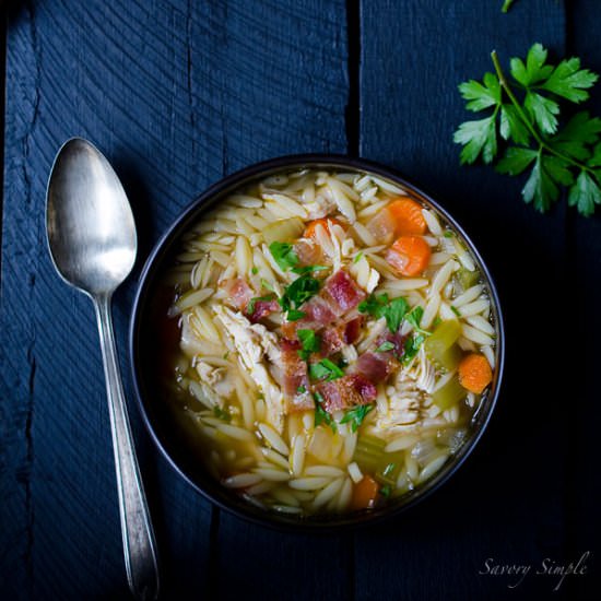 One Pot Chicken and Bacon Orzo Soup