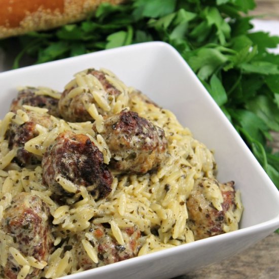 Chicken Pesto Meatballs and Orzo