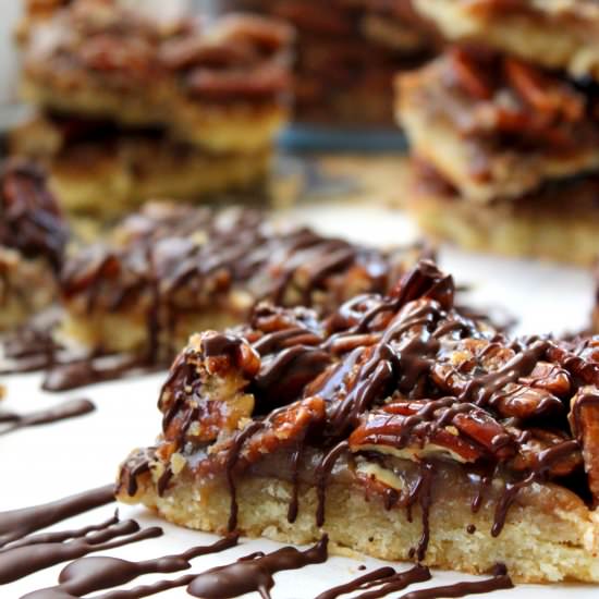 Chocolate Drizzled Pecan Pie Bars