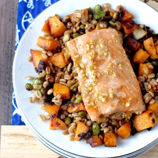 Salmon over mixed veggie farro