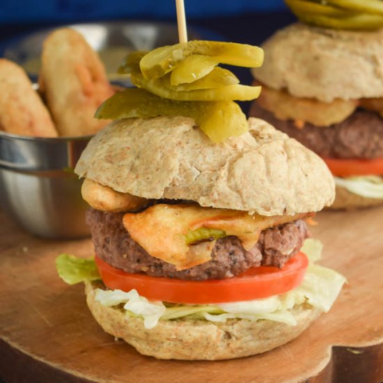 Fried Pickle Burger + Artichoke Dip