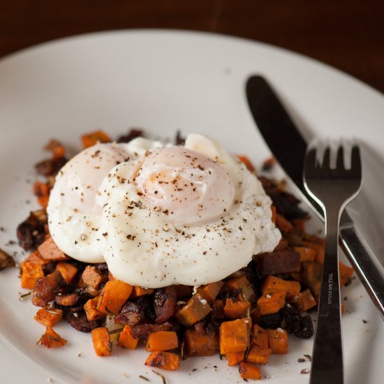 Poached Eggs over Sweet Potato Hash