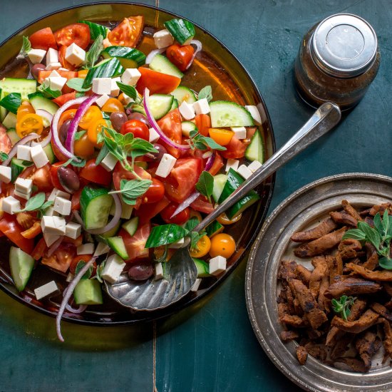 Vegan Greek salad with Gyros strips