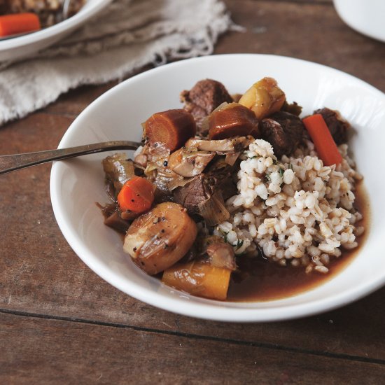 Leek + Porter Beef Stew over Barley