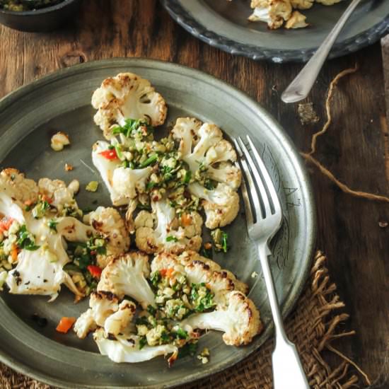 Cauliflower Steaks with Nut Salsa