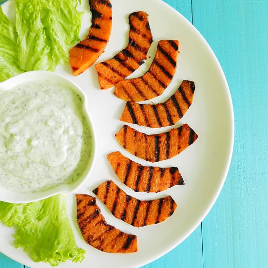 Grilled pumpkin with coconut pesto