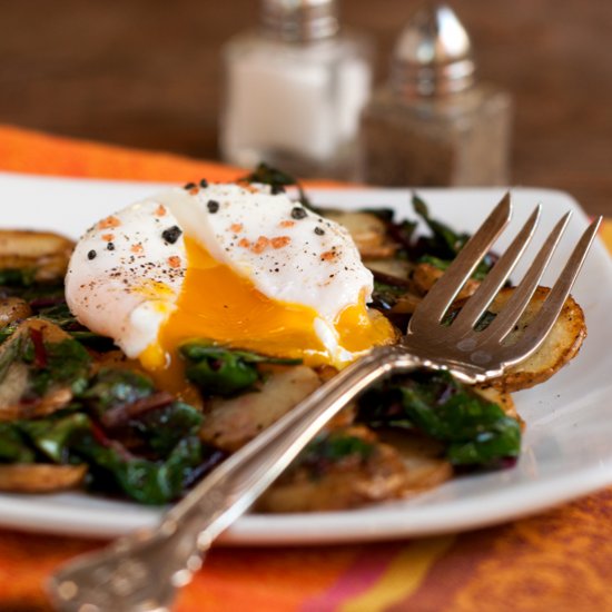 Poached Eggs, Chard-Fingerling Hash