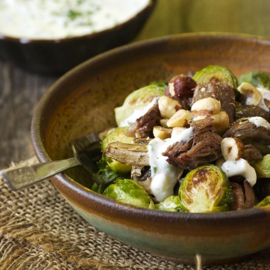 Brussel Sprouts, Mushroom, + Beef