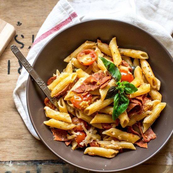 Salami, tomato and basil pasta bake