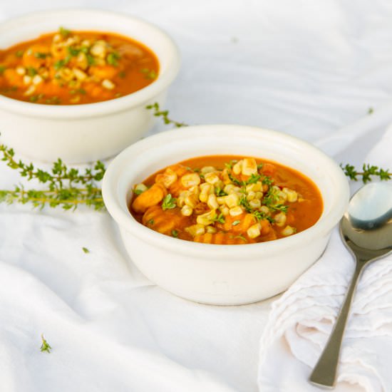 Red Pepper Corn Soup with Gnocchi