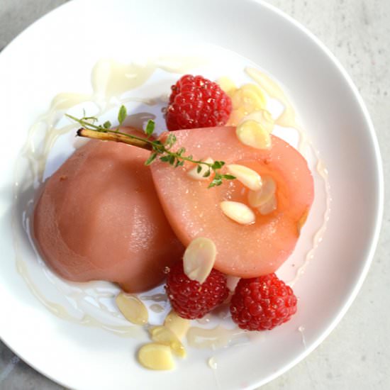 Poached Pears w/ Raspberry & Thyme