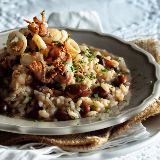 Bean Risotto with Crispy Squid