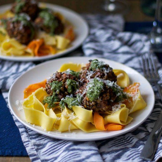 Veggie Balls w/ Carrot Ribbon Pasta