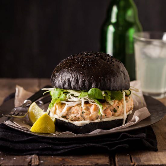 Salmon burger with black brioche