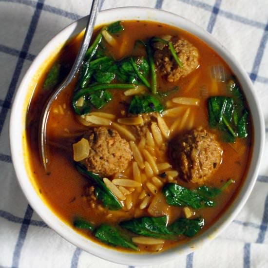 Spinach, Orzo and Meatball Soup