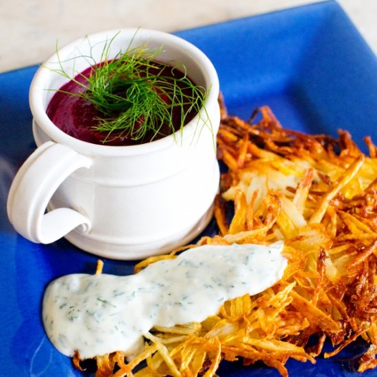 Beetroot Soup and Swede Latkes