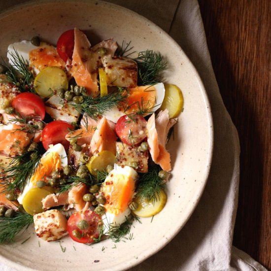 Kohlrabi and salmon Nicoise salad