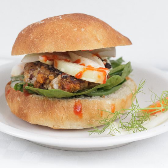 Roasted yam burgers with almonds