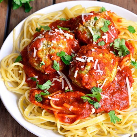 Spaghetti w/ Turkey-Pesto Meatballs