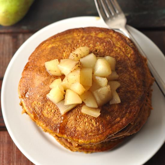 Pumpkin Pancakes with Poached Pears